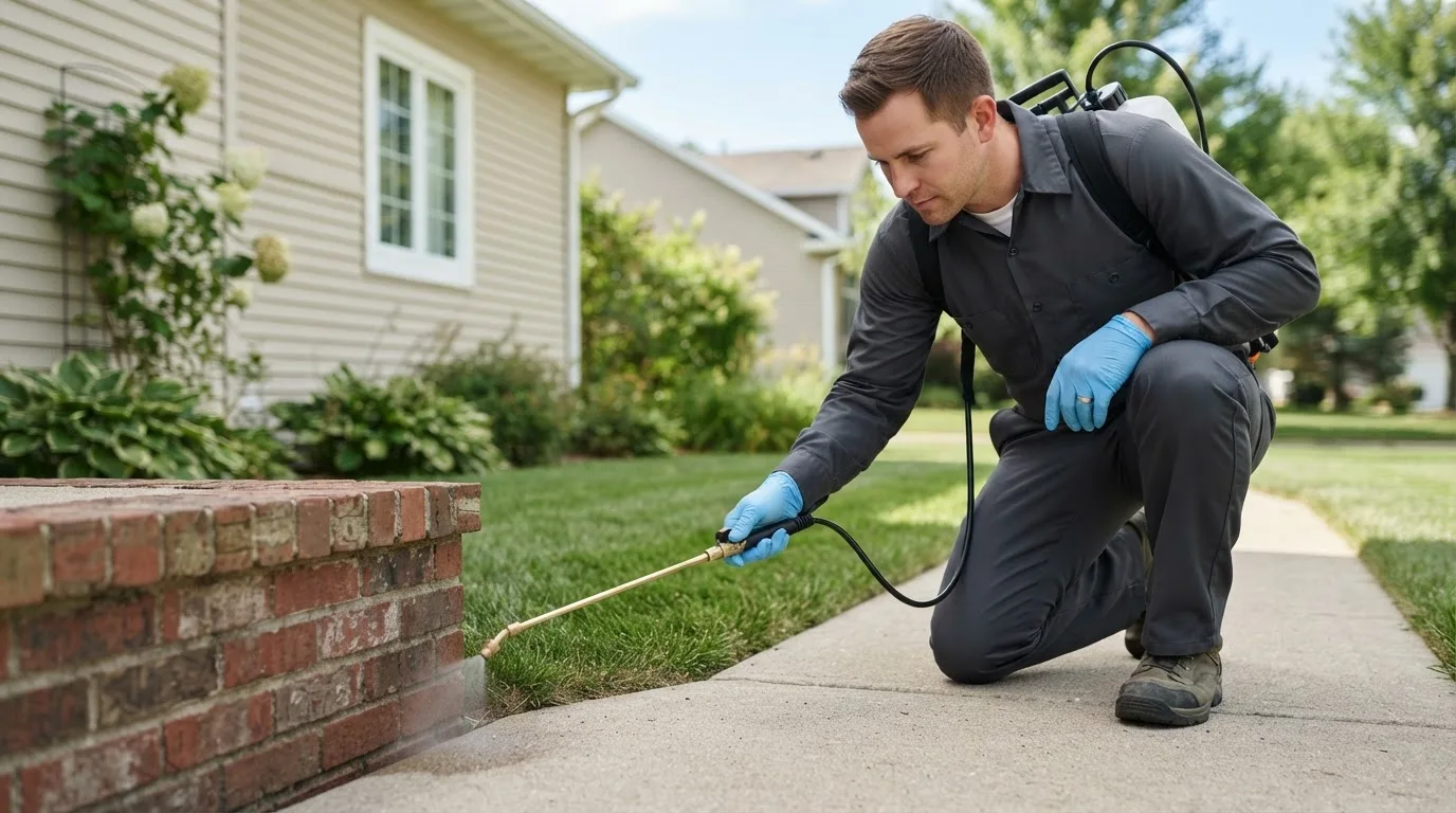 Pest control technician treating a home near Oberlin, OH