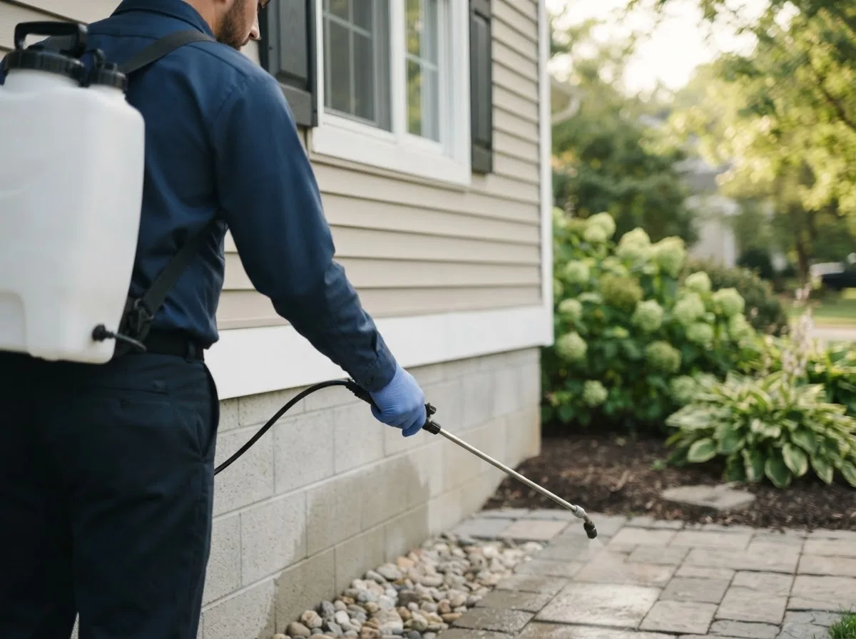 Pest control technician inspecting a home in Oberlin, OH